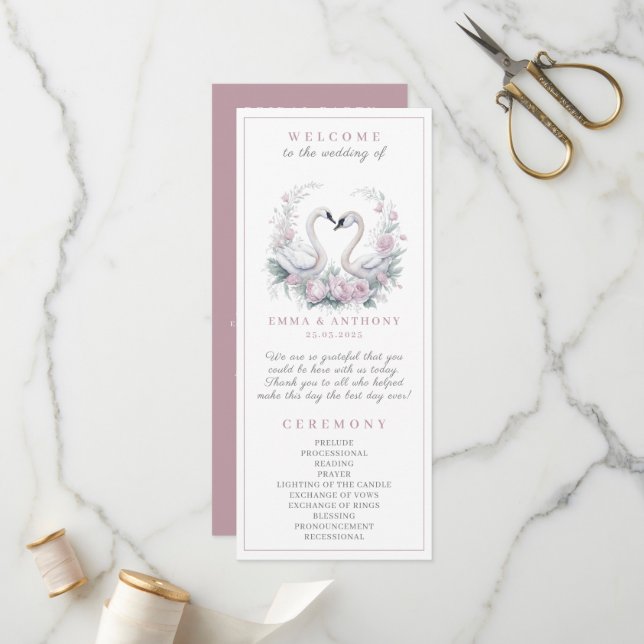Romantique Rose Swan Couple Wedding Programme (Devant/Arrière en situation)