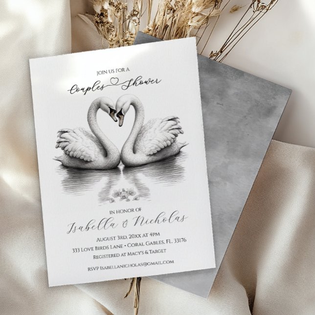 Romantique Swan Couples Douche Invitation (Black and White Romantic Couples Shower Invitation)