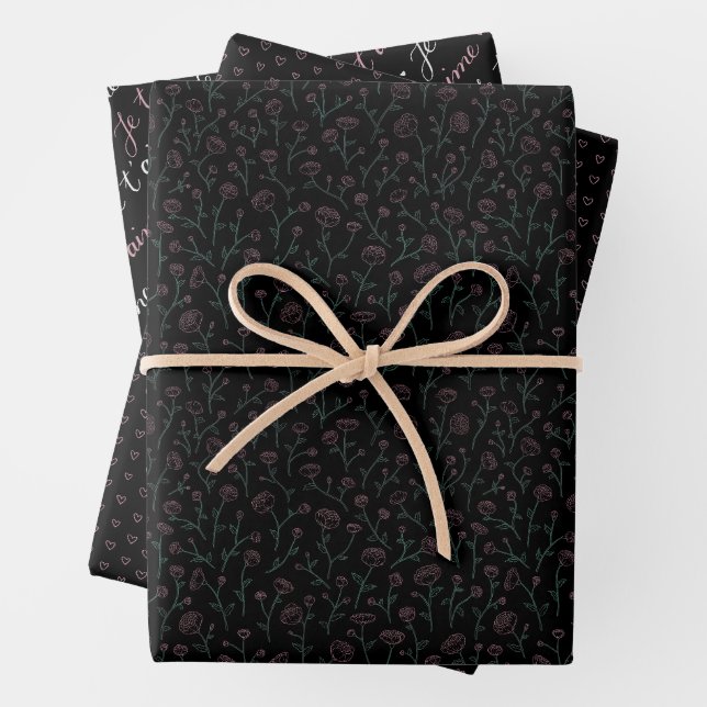 romantisch Fleuri Elegant Schwarz und Rosa Pastel, Geschenkpapier Set (Beispiel)