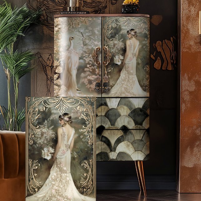 Romantische 1920er Jahre Elegant Flapper & Floral Seidenpapier (Elegant Flapper, Art Deco, Cherry Blossoms, 1920's Vintage Portrait Tissue Paper)