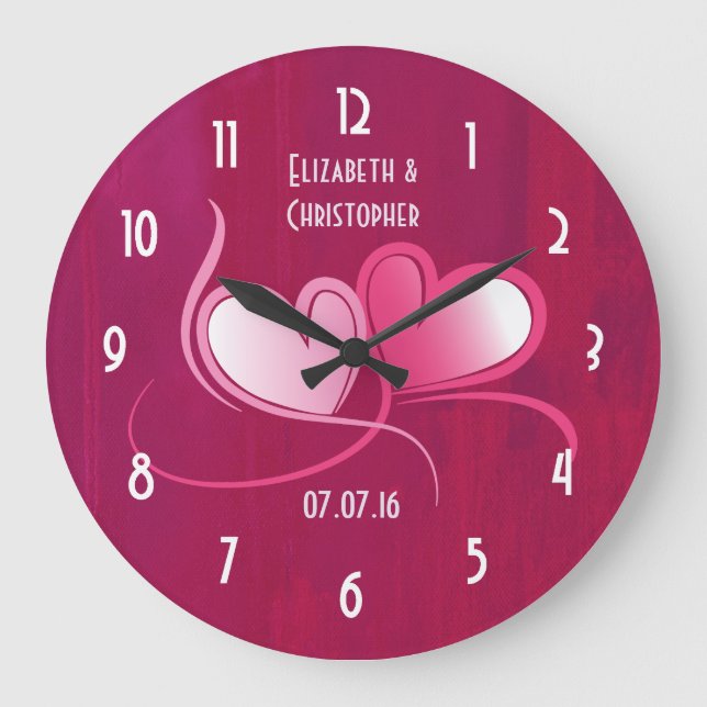 Romantische 2 Herz Hochzeitdatum beibehalten Große Wanduhr (Vorderseite)