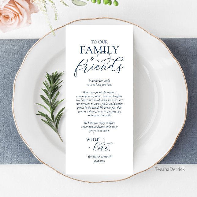 Romantische Abendstimmung mit Karte (Wedding Place Setting Thank You Card, Romantic Script, Navy Blue.)