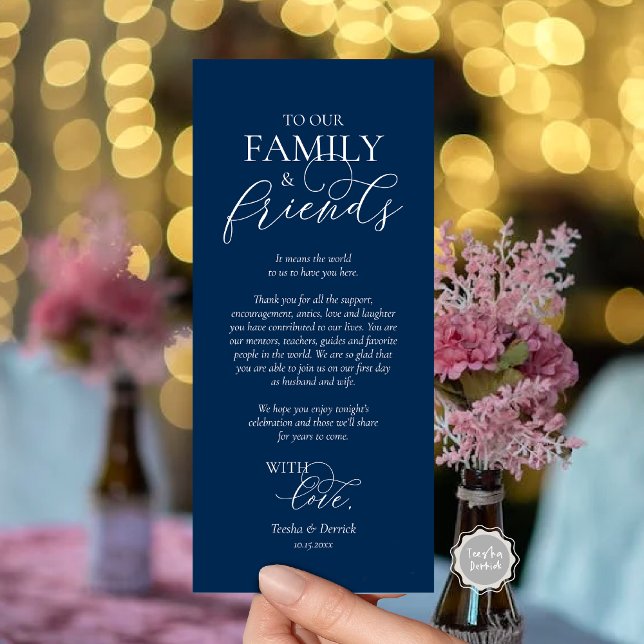 Romantische Abendstimmung mit Karte (Wedding Place Setting Thank You Card, Romantic Script, Navy Blue.)