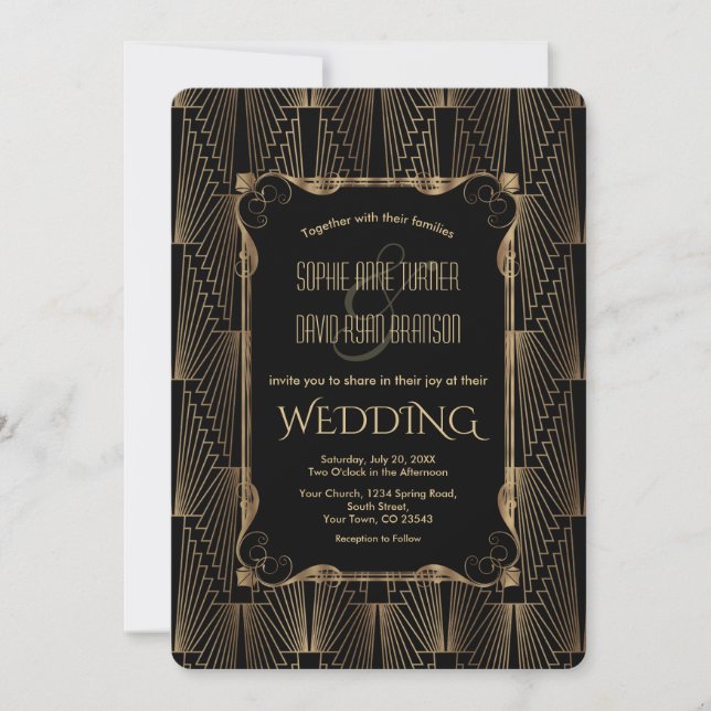 Romantische alte Hollywood Black Great Gatsby Wedd Einladung (Vorderseite)