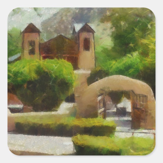 ROMANTISCHE ALTE KIRCHE, NEUE MEXIKO. QUADRATISCHER AUFKLEBER (Vorderseite)