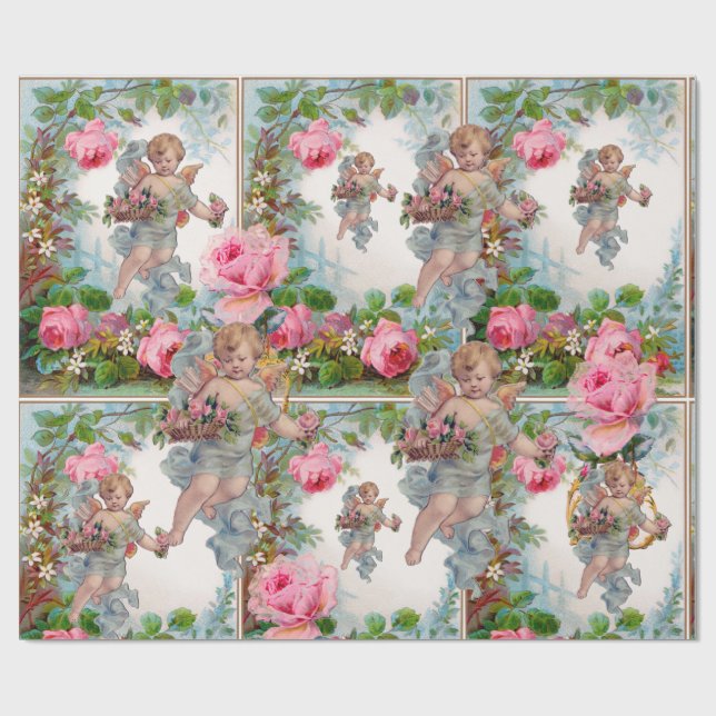 ROMANTISCHE ANGEL ANSAMMLUNG PINK ROSES UND BLUME GESCHENKPAPIER (Flach)