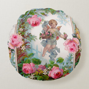 ROMANTISCHE ANGEL ANSAMMLUNG PINK ROSES UND BLUME RUNDES KISSEN