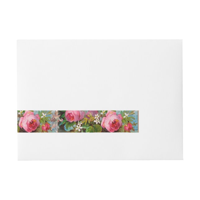 ROMANTISCHE ANGEL ANSAMMLUNG PINK ROSES UND BLUME Rundum-Adressaufkleber (Vorderseite)
