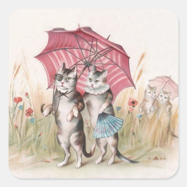 Romantische anthropomorphe Katzen im Quadratischer Aufkleber (Vorderseite)