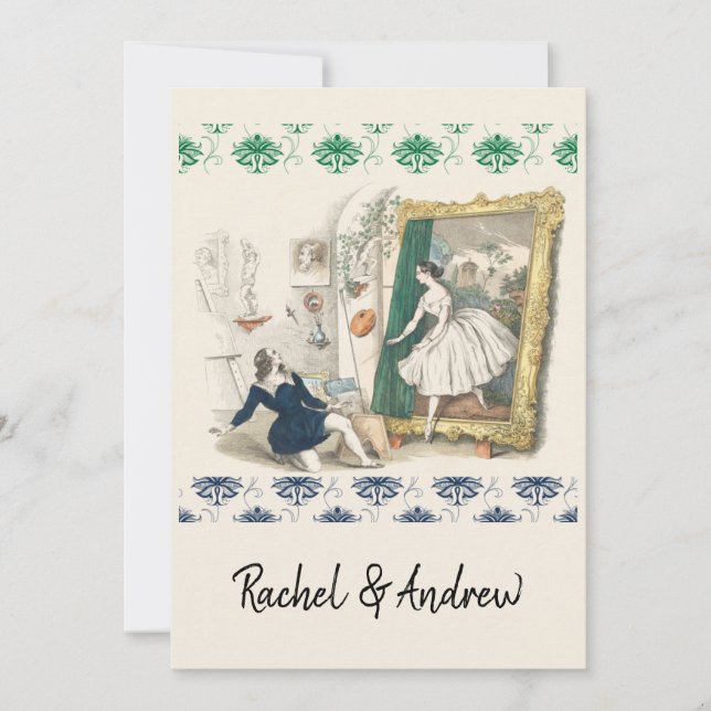 Romantische antike Hochzeit Einladung grün blau (Vorderseite)
