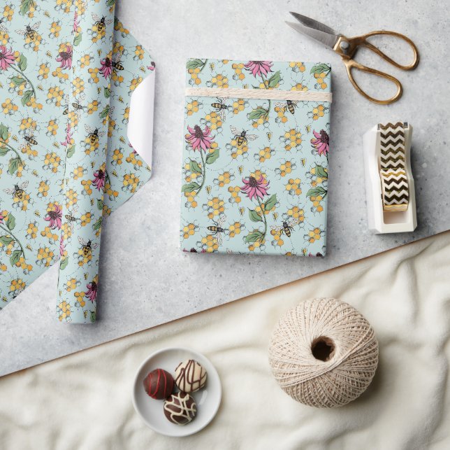 Romantische Aqua Queen Bee, Honeycomb & Blume Geschenkpapier (Kunsthandwerk)