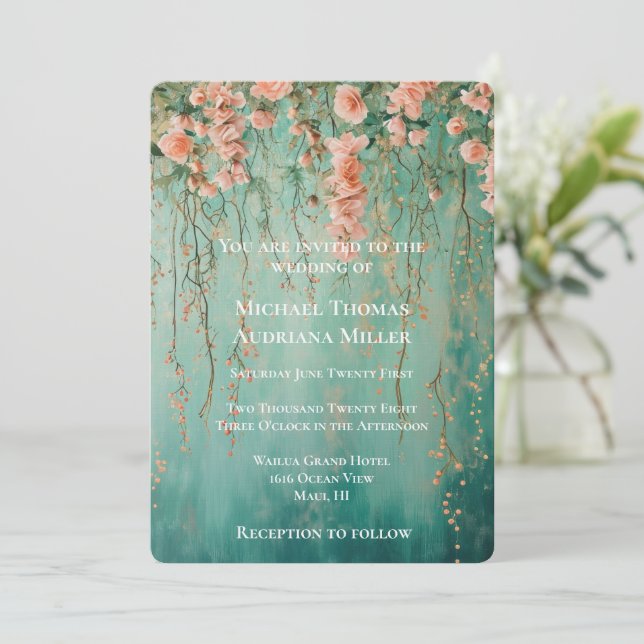 Romantische Aquamarin Blush-Blume Hochzeit Einladung (Stehend Vorderseite)