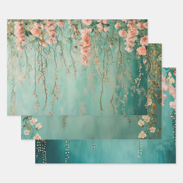 Romantische Aquamarin Blush-Blume Hochzeit Geschenkpapier Set (Set)