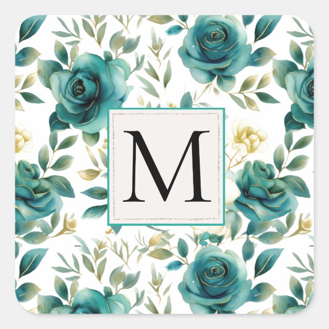 Romantische Aquamarin-grüne Creme-Rose Quadratischer Aufkleber (Vorderseite)