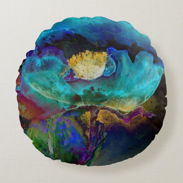Romantische aquamarine Blumenbemalung Rundes Kissen (Vorderseite)