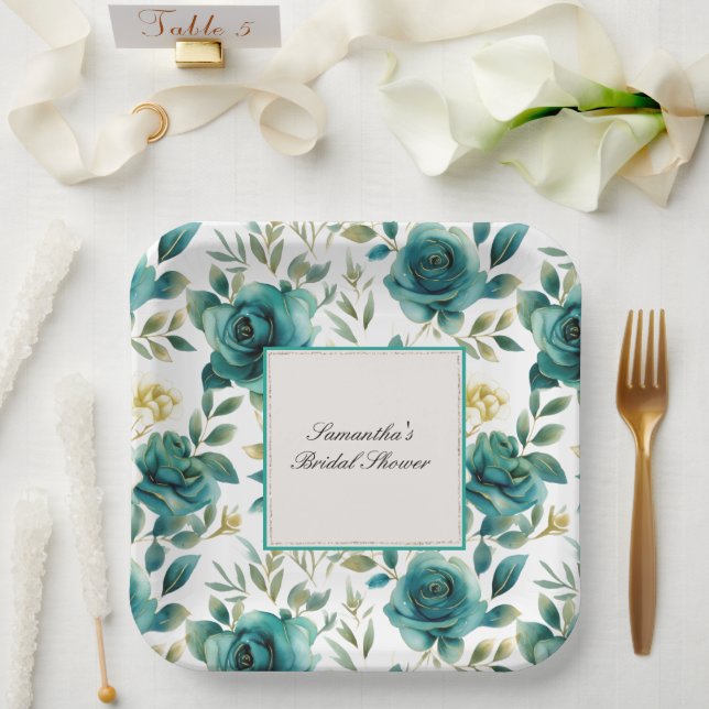 Romantische Aquamarine Creme Rose Brautparty Pappteller (Hochzeit)