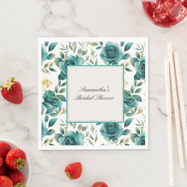 Romantische Aquamarine Creme Rose Brautparty Serviette (Beispiel)