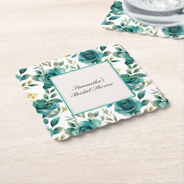 Romantische Aquamarine Creme Rose Brautparty Untersetzer (angewinkelt)