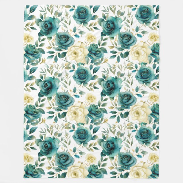 Romantische Aquamarine grüne Creme Rose Blumen Fleecedecke (Vorderseite)