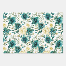 Romantische Aquamarine grüne Creme Rose Blumen Geschenkpapier Set