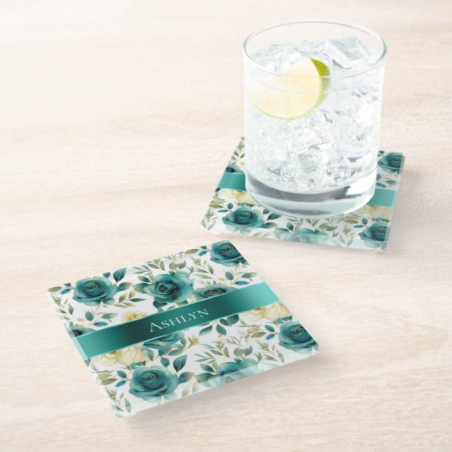 Romantische Aquamarine grüne Creme Rose Blumen Glasuntersetzer (Schrägansicht)