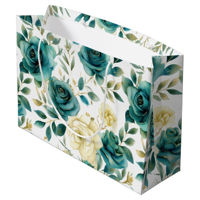 Romantische Aquamarine grüne Creme Rose Blumen Große Geschenktüte (Rückseite Schrägansicht)