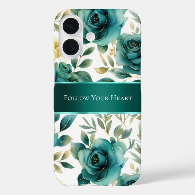 Romantische Aquamarine grüne Creme Rose Blumen iPhone 16 Hülle (Rückseite)