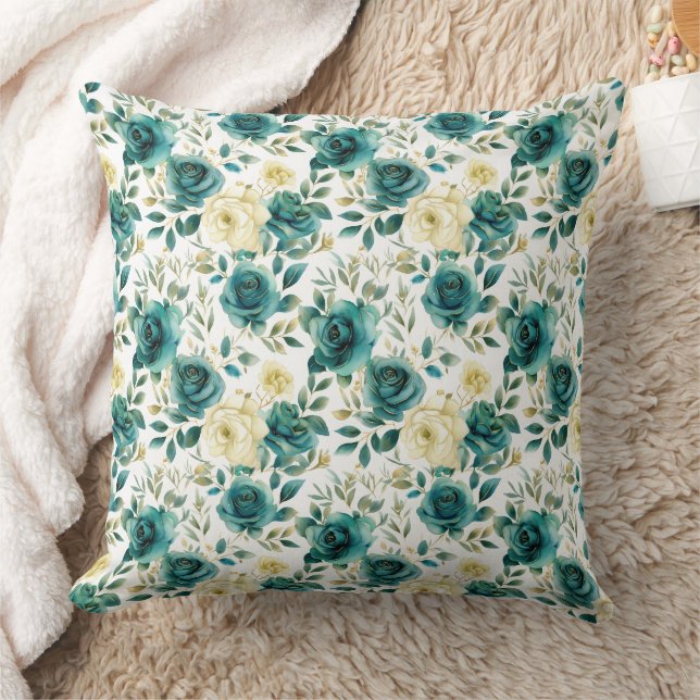 Romantische Aquamarine grüne Creme Rose Blumen Kissen (Decke)