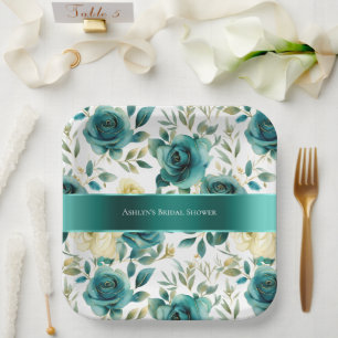 Romantische Aquamarine grüne Creme Rose Blumen Pappteller