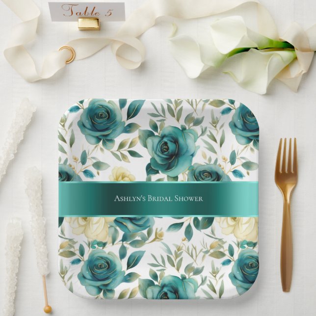 Romantische Aquamarine grüne Creme Rose Blumen Pappteller (Hochzeit)