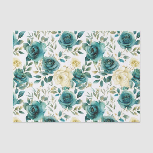 Romantische Aquamarine grüne Creme Rose Blumen Seidenpapier (Vorderseite)