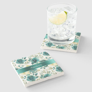 Romantische Aquamarine grüne Creme Rose Blumen Steinuntersetzer