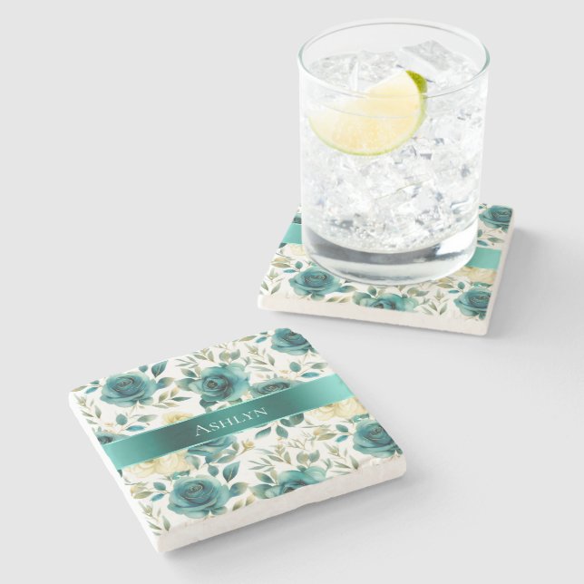 Romantische Aquamarine grüne Creme Rose Blumen Steinuntersetzer (Seitenansicht)