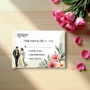Romantische Aquarell-Blumen-Braut-und-Br%C3%A4utig RSVP Karte