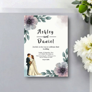 Romantische Aquarell-Blumen-Braut-und-Bräutigam-Ho Einladung