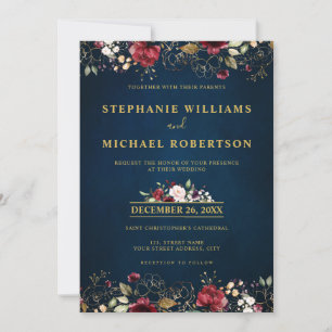 Romantische Aquarell-Burgunderrot-Navy-Gold-Blumen Einladung
