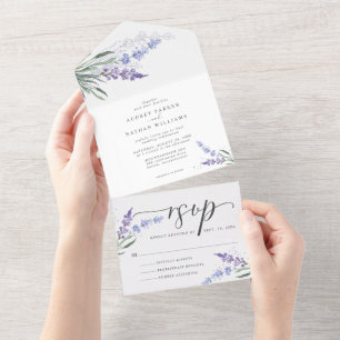 Romantische Aquarell-Lavendel-Hochzeit All In One Einladung