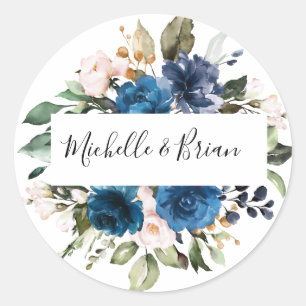 Romantische Aquarell-Navy-Blau-Rosé-Blüten Runder Aufkleber
