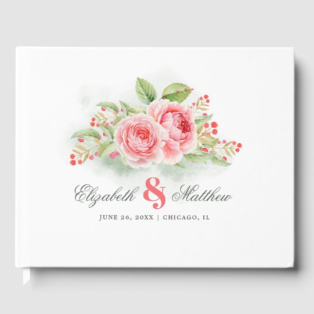 Romantische Aquarell-Rose Hochzeitsszenarien Gästebuch (Vorderseite)