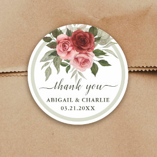Romantische Aquarell-Rosen-Hochzeit Danke Runder Aufkleber
