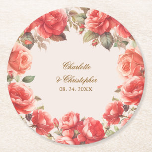 Romantische Aquarell-Rosen Hochzeit Runder Pappuntersetzer