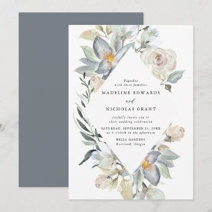 Romantische Aquarell Weiße und Blaue Florale Hochz Einladung