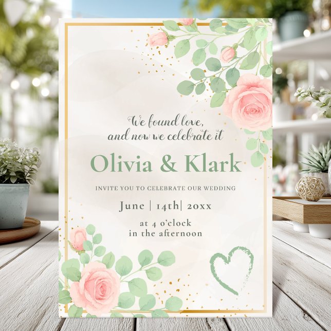 Romantische Aquarellblume mit rosa Rosen Hochzeit Einladung (Von Creator hochgeladen)