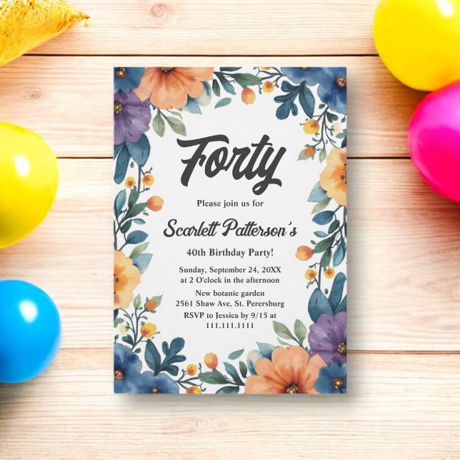 Romantische Aquarellblume Sommer 40. Geburtstag Einladung (Von Creator hochgeladen)