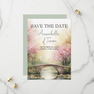 Romantische Aquarellbrücke & rosa Blüten Hochzeit Save The Date