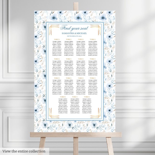 Romantische Aquarellfarben Pastellblau Gold Seekar Poster (Romantic Watercolor Pastel Blue Gold Seating Chart)