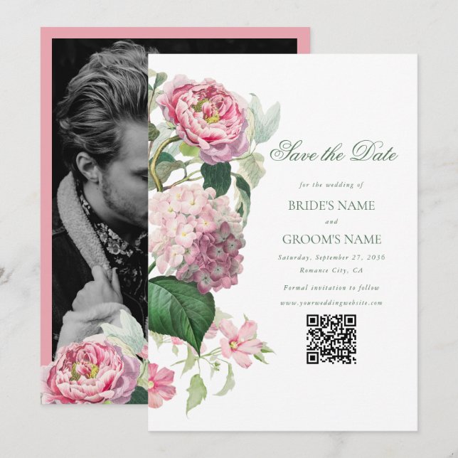 Romantische Aquarellfarben Rosa Blume Foto Hochzei Save The Date (Vorne/Hinten)