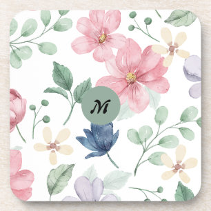 Romantische Aquarellfarben Rosa Blume Mit Monogram Getränkeuntersetzer