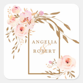 Romantische Aquarellfarben Rosa Blush Gold Rose Quadratischer Aufkleber