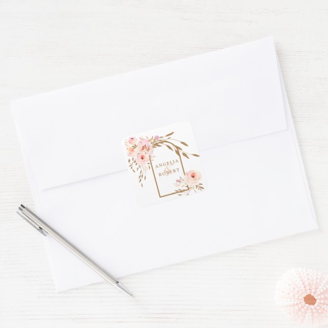 Romantische Aquarellfarben Rosa Blush Gold Rose Quadratischer Aufkleber (Umschlag)